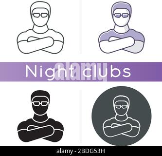 Nachtclub Security Guard Symbol. Lineare schwarze und RGB-Farbstile. Unterhaltungsmöglichkeiten, Nachtclub mit Gesichtssteuerung. Professioneller Hüpfer mit gekreuzten Armen Stock Vektor