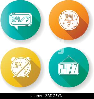 24 Stunden Service Flat-Design Long Shadow Glyph Icons Set. Ganztägiger Online-Kundensupport. Wecker mit Nummern. Helpdesk-Symbol. Hängend Stock Vektor
