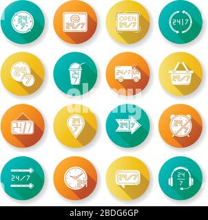 24 Stunden Service Flat-Design Long Shadow Glyph Icons Set. Burger Café den ganzen Tag geöffnet. 24 Stunden verfügbare Lieferung. Rund um die Uhr Helpline. Call Center Stock Vektor