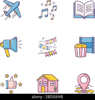 RGB-Farbsymbole für die Freizeitgestaltung festgelegt. Reisen Sie mit dem Flug. Musiknoten. Buch öffnen. Lautsprecherübertragung. Veranstaltungsdekoration. Filmnacht. Empfehlungsschild Stock Vektor