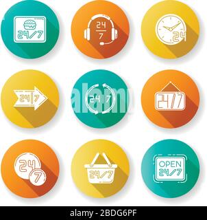 24 Stunden Service Flat-Design Long Shadow Glyph Icons Set. Vierundzwanzig sieben Kreiszeichen. Rund um die Uhr Öffnungszeiten des Ladens. Pfeil-Beschilderung mit Stock Vektor