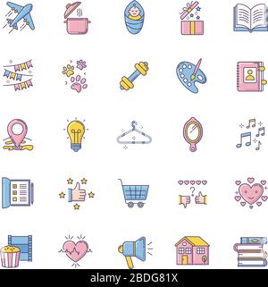 RGB-Farbsymbole für gesunden Lebensstil. Reisen und Tourismus. Kochrezept. Offenes Geschenk. Kleinkind. Buchstapel. Tierpfoten. Fitnessstudio. Liebesleben Stock Vektor