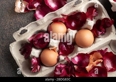 Rohe Eier in einem Karton, die mit Zwiebelfellen gefärbt werden können Stockfoto
