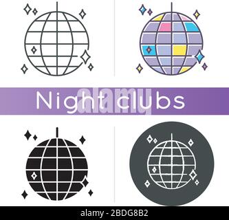 Symbol für Disco-Ball. Lineare schwarze und RGB-Farbstile. Nachtklub-Erholung, Nachtklub-Unterhaltung. Tanzparty, Diskothek. Funkelnde Glaskugel Stock Vektor