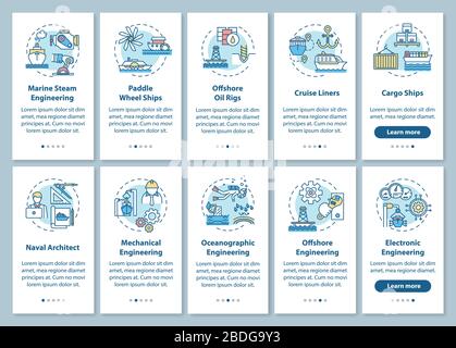 Marine Engineering Onboarding Mobile App mit Konzepten. Maritime Arbeitstypen Durchblättern von grafischen Anweisungen in 5 Schritten. UI-Vektor Stock Vektor