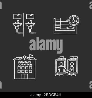 Die weißen Symbole im Schlafsaal des Unternehmens werden auf schwarzem Hintergrund dargestellt. Gemeinschaftsbad. Gemischtes Schlafzimmer. Gemeinschaftsraum. Gemeinsamer Raum. Corporate Living Stock Vektor