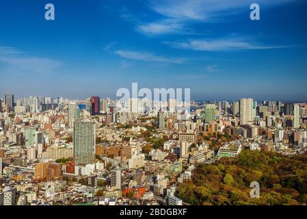 Blick auf die Skyline von Minato-Ku mit Meguro, Shinagawa, Shiba, Odaiba und Tokyo Bay Stockfoto