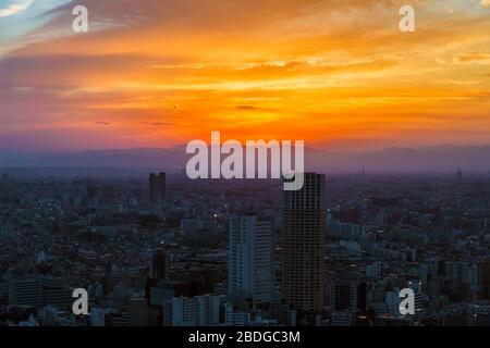 Sonnenuntergang Blick auf die Stadt endlose Vororte von Meguro, Setagaya und Kawasaki, in Abendnebel gehüllt, von Ebisu Stockfoto