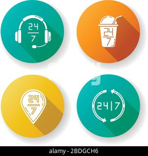 24 Stunden Service Flat-Design Long Shadow Glyph Icons Set. Headset-Zeichen des Kundensupport. Vierundzwanzig sieben offene Balken. 24 Stunden GPS-Zeiger. Jeden Tag Stock Vektor