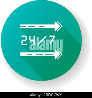 24 Stunden Service türkis flaches Design mit langem Schatten Glyphe Symbol. Gerade Linien auf dem Schild. Den ganzen Tag geöffnet. Die Pfeile zeigen nach links. Vierundzwanzig Stock Vektor