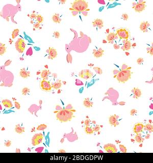 Vector Folk Art Blumenmuster osterkaninchen auf weißem Hintergrund. Fröhliches Federdesign. Veranstaltung und Feiertage. Oberflächenmuster. Stock Vektor