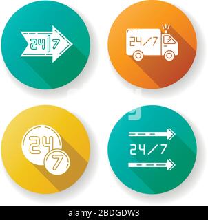 24 Stunden Service Flat-Design Long Shadow Glyph Icons Set. Lieferwagen. Rund um die Uhr geöffneter 24-Stunden-Laden. Richtung des Pfeilzeichens. 24 Stunden Stock Vektor