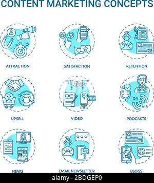 Symbole für das Content-Marketing-Konzept festgelegt. Internetwerbung, Online-Strategien für Kundenattraktionen, Idee von RGB-Farbabbildungen mit dünnen Linien. Vektor Stock Vektor