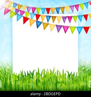 Grußkarte mit bunten Fahnen und grünem Gras Hintergrund Stock Vektor