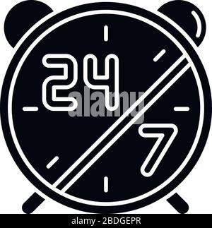 24 7 Stunden Service, schwarzes Glyph-Symbol. Wecker für hochverfügbares Center. Täglich geöffnet. Wahlschalter mit Nummern ansehen. Schilder für den Einzelhandel. Silhouette Stock Vektor