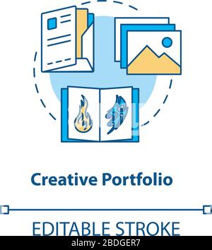 Symbol für kreatives Portfolio-Konzept. Designer arbeitet Werbung Idee dünne Linie Illustration. Design Studio Artworks Samples. Vektor isoliert Umriss RGB Stock Vektor