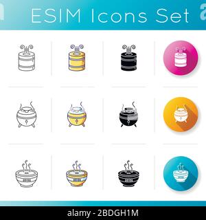 Ultraschall-Luftreinigungsgeräte, Haushaltsgeräte, Symbole eingestellt. Atempflegegeräte, Ionisatoren, Raumfeuchtigkeitsregler. Lineare, schwarze und RGB-Farbstile Stock Vektor