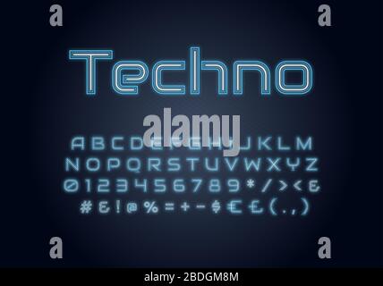 Schriftartvorlage für Techno Neon Light. Techno-beleuchtetes Vektoralphabet festgelegt. Helle Großbuchstaben, Zahlen und Symbole mit strahlendem äußeren Effekt Stock Vektor