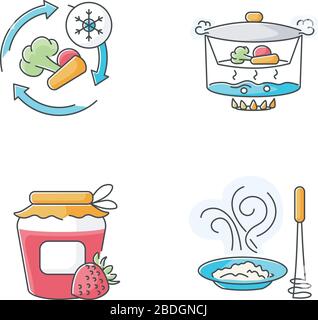 Kulinarische Methoden RGB-Farbsymbole festgelegt. Techniken zur Vorbereitung und Konservierung von Produkten. Gefrieren, Konservieren, Dampfgaren und Püree isolierter Vektor Stock Vektor