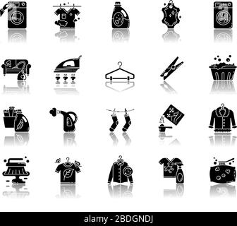 Wäschearten und Ausrüstung Schatten schwarze Glyphe Symbole gesetzt. Waschsalon, Nass- und Trockenreinigung, Express-Wäsche. Wasch- und Bügelgeräte Stock Vektor