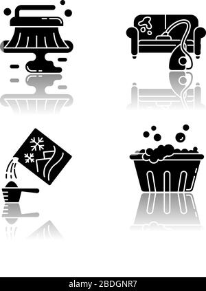 Cleanup Service Drop Shadow Black Glyph Icons Set. Fleckenentfernung, Bodenreinigung und Trockenreinigung von Möbeln. Handwäsche, Waschpulver und Waschbecken Stock Vektor