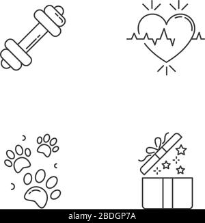 Lifestyle Pixel perfekte lineare Symbole gesetzt. Fitness-Workout. Kardiologische Gesundheitsversorgung. PET-Pfötchenausdrucke. Offenes Geschenk. Anpassbare Kontursymbole mit dünnen Linien. Isoliert Stock Vektor
