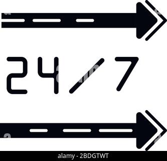 24 Stunden Service, schwarzes Glyph-Symbol. Gerade Linien auf dem Schild. Den ganzen Tag geöffnet. 24 sieben verfügbare Verkaufsstellen. Silhouettensymbol ein Stock Vektor