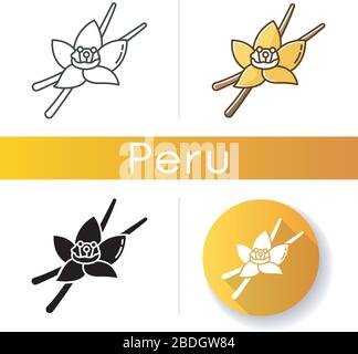 Vanillesymbole gesetzt. Aromatische Blume und Schoten aus Vanilleorchid. Aroma- und Geschmacksmischung für Lebensmittel und Getränke. Kosmetische Anlage. Linear, schwarz und Stock Vektor