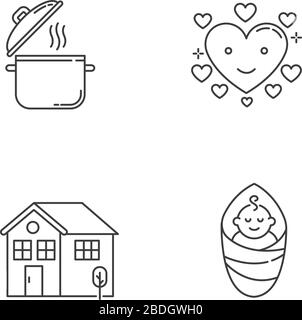Lifestyle Pixel perfekte lineare Symbole gesetzt. Kochtopf. Liebevolle Liebe. Ordnung und Sauberkeit, Familienpflege. Anpassbare Kontursymbole mit dünnen Linien. Isoliert Stock Vektor