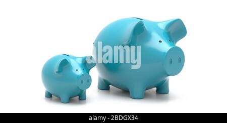 Sparkonzept für Kinder, Eltern und Kinder. Piggy Bank kleine und große, blaue Farbe isoliert vor weißem Hintergrund. 3d illustrr Stockfoto