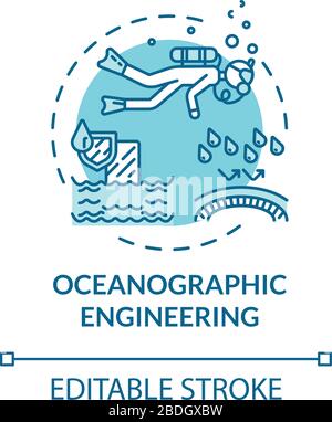 Ozeanographisches türkisfarbenes Konzeptsymbol. Erkunden Sie das Ökosystem unter Wasser. Ozeanographie Idee dünne Linie Illustration. Vektor-isolierter Umriss Stock Vektor
