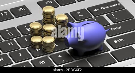 Geld sparen, Online-Business-Gewinnkonzept. Münzen Gold und Huckepack auf einem Computer-Laptop Tastatur Hintergrund. 3D-Abbildung Stockfoto
