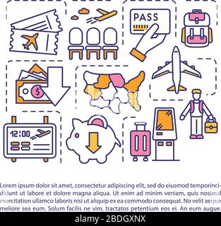 Billigfliegerkonzept Symbol mit Text. PPT-Seitenvektorvorlage. Geld sparen Reisen, erschwingliche internationale Tourismusbroschüre, Zeitschrift, Broschüre Stock Vektor