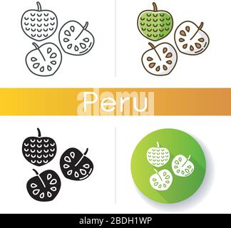 Cherimoya Icons Set. Köstlicher puddelapfel ganz und halbiert. Annona cherimola. Süße reife tropische Frucht. Exotisches Produkt. Linear, schwarz und RGB Stock Vektor