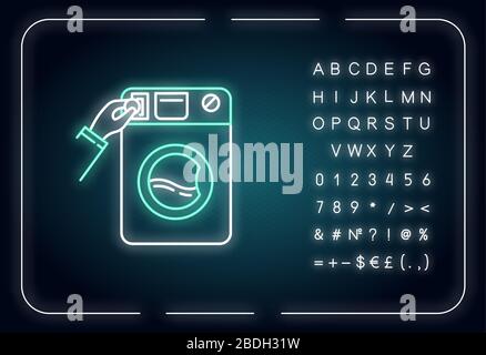 Symbol für Neon-Beleuchtung mit Selbstbedienung. Waschsalon, Waschsalon, Münzwaschsalon. Äußere leuchtende Wirkung. Zeichen mit Alphabet, Zahlen und Symbolen. Vektor Stock Vektor