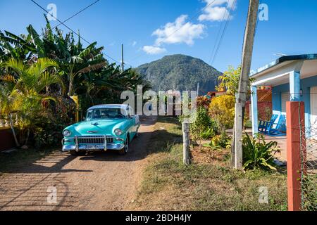 VINALES, KUBA - 14. DEZEMBER 2019: Klassische amerikanische Altautos im Vinales Valley, Kuba Stockfoto