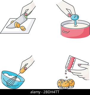 Kulinarische Methoden RGB-Farbsymbole festgelegt. Lebensmittelzubereitung, Kochtechniken. Schneiden, Cheesemaking, Schlagsahne und Süßigkeiten machen einen isolierten Vektor Stock Vektor