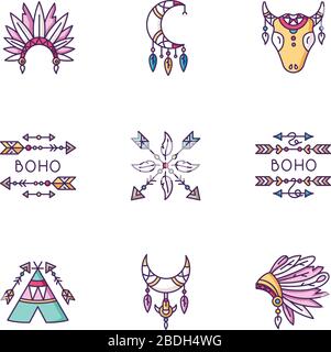 Natives amerikanisches Zubehör RGB-Farbsymbole festgelegt. Stamm-Hut und Teepee. Boho-style-Traumkather-Amulette. Halbmond, Pfeile und Federn bezaubern Stock Vektor
