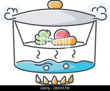 Dampfgarsymbol für RGB-Farben. Gargut auf Dampf über kochendem Wasser. Methode zur Zubereitung von Speisen, kulinarische Technik. Dampfgarer mit Gemüse isoliert Stock Vektor