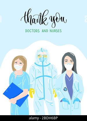 Vielen Dank an die Ärzte und Krankenschwestern - die Beschriftung der Handbeschriftung Motivation und Inspiration Positives Zitat, dank der Ärzte während der Coronavirus Kovid-19 Stock Vektor