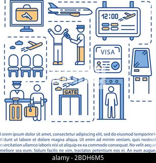 Symbol für Flughafenterminal-Konzept mit Text. PPT-Seitenvektorvorlage. Kommerzielle Flugbeförderung, Sicherheitskontrolle. Airline-Service-Broschüre, Magazin Stock Vektor