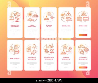 Marine Engineering Onboarding Mobile App Seite Bildschirm mit Konzepten eingestellt. Marine Architektur Rundgang durch 5 Schritte grafische Anweisungen. UI-Vektor Stock Vektor