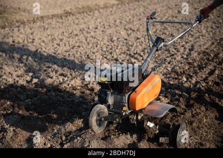 Kleine orange Pflügemaschine in den Händen eines Landwirts, der in schwarzem Boden anbaubar macht Stockfoto