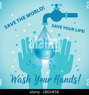 Waschen Sie sich Ihr Handzeichen. Retten Sie die Welt, und retten Sie das Leben. Poster medizinische Hygieneabbildung. Stock Vektor