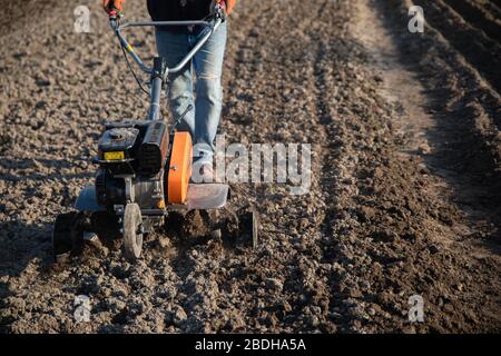 Kleine orange Pflügemaschine in den Händen eines Landwirts, der in schwarzem Boden anbaubar macht Stockfoto