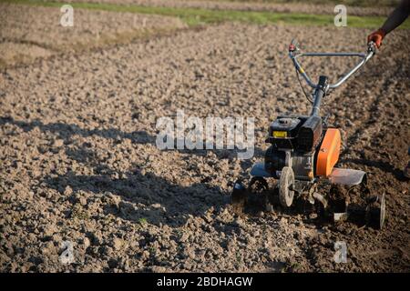 Kleine orange Pflügemaschine in den Händen eines Landwirts, der in schwarzem Boden anbaubar macht Stockfoto