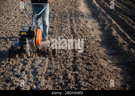 Kleine orange Pflügemaschine in den Händen eines Landwirts, der in schwarzem Boden anbaubar macht Stockfoto