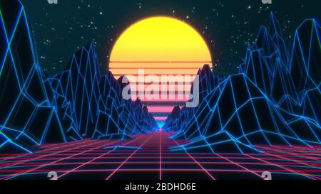 80er Jahre Retro futuristischer Sci-Fi-Hintergrund. VJ Videobame-Landschaft mit Neonlicht Stockfoto