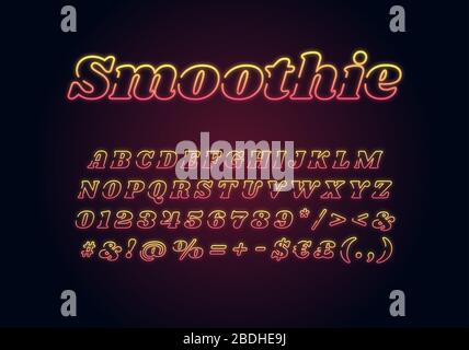 Smoothie Neon Light Schriftartvorlage. Gelb beleuchtetes Vektoralphabet eingestellt. Helle Großbuchstaben, Zahlen und Symbole mit strahlendem äußeren Effekt Stock Vektor