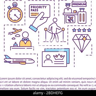 Symbol für das Konzept des AirPort VIP-Services mit Text. PPT-Seitenvektorvorlage. Erstklassiger Flug, erstklassiger Flug. Broschüre der Fluggesellschaft, Magazin Stock Vektor